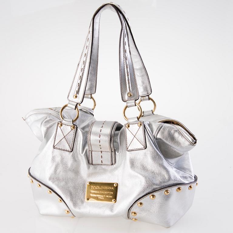 DOLCE & GABBANA Silver Leather Satchel Bag.