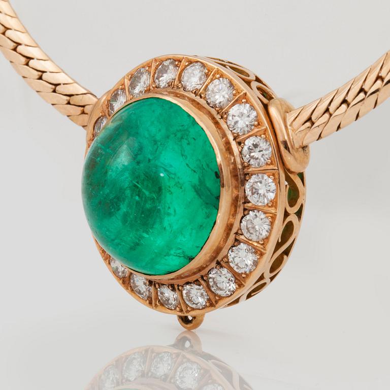 A circa 30.00 ct, probably Colombian, cabochon-cut emerald and circa 3.00 ct brilliant-cut diamond necklace.