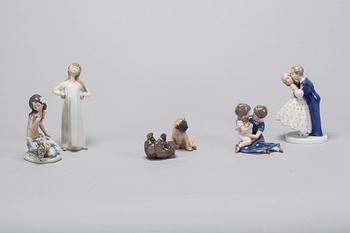 FIGURINER, 6 st, porslin, Lladró, Bing och Gröndahl och Royal Copenhagen.