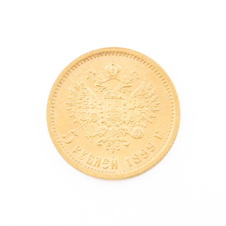 Gold coin, Nicholas II, Russia, 5 Rubles, 1899.