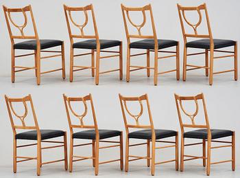 A set of eight mahogany, bamboo and black leather chairs, Svenskt Tenn.