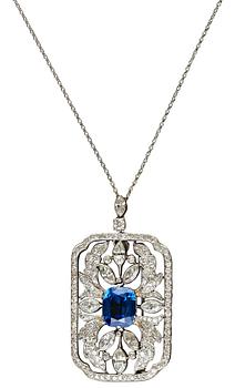 A W.A. Bolin platinum, blue sapphire, app. 4.60 cts, and diamond pendant/brooch, tot. 4.69 cts. Stockholm 1930.