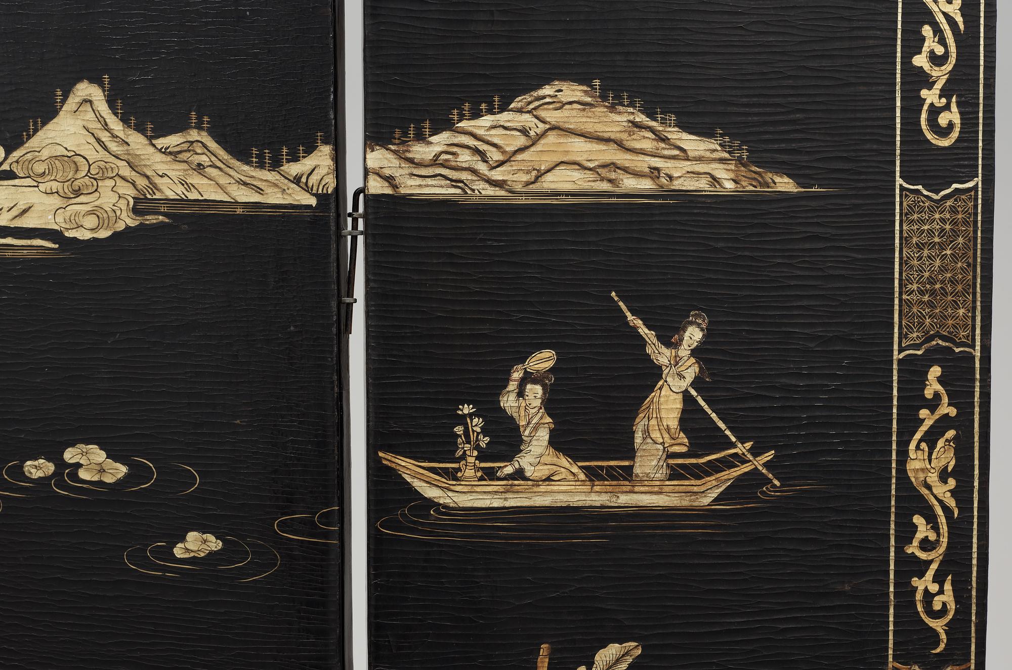 A six panel lacquer screen, Qing dynasty (1644-1911).