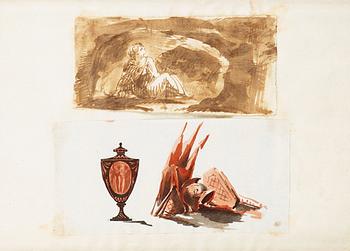 303. Carl August Ehrensvärd, Gravmonument med trofeer & antik målad vas samt grottscen.