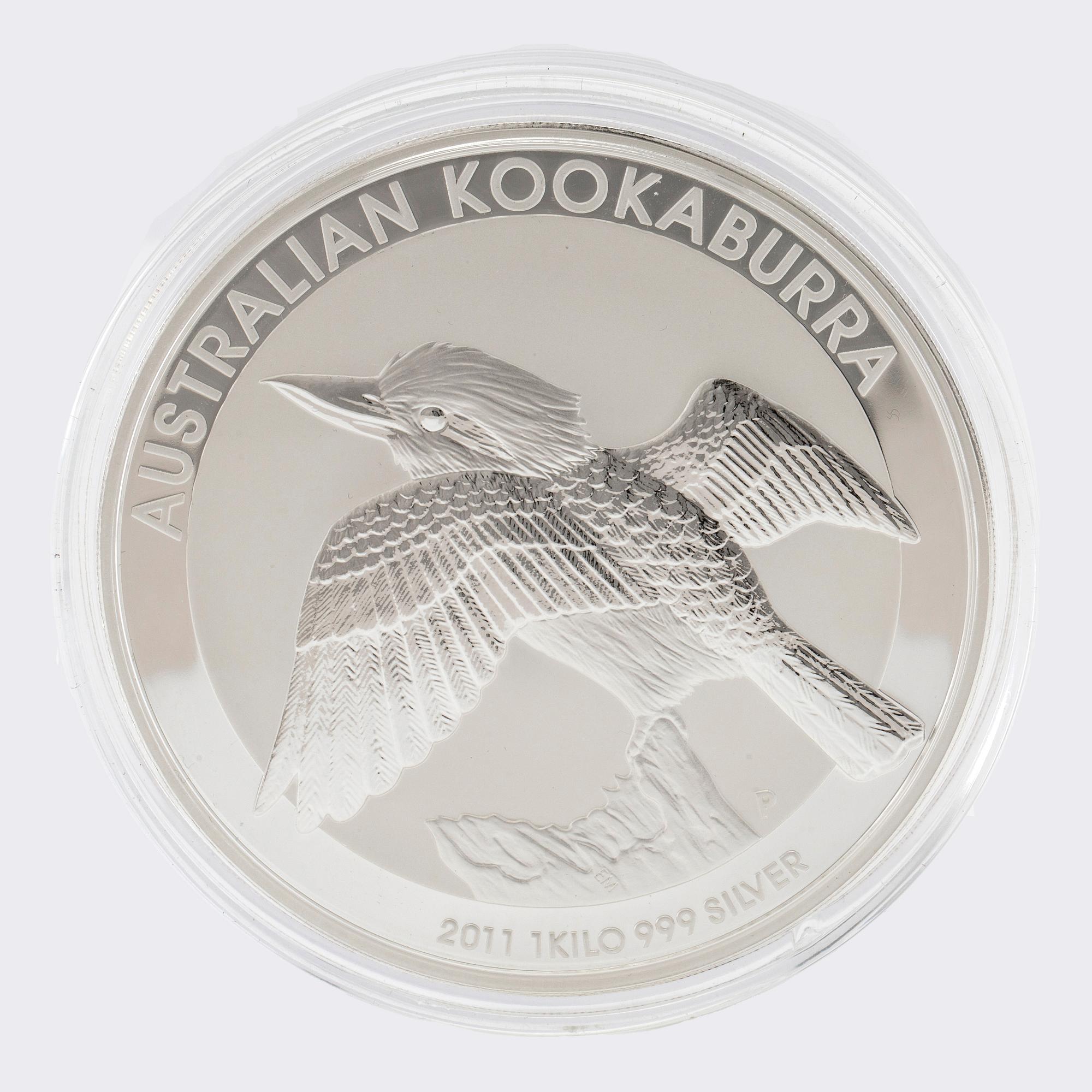 Mynt 999 silver 1kg "Australian Kookaburra" 30 dollar, Elisabeth II 2011.