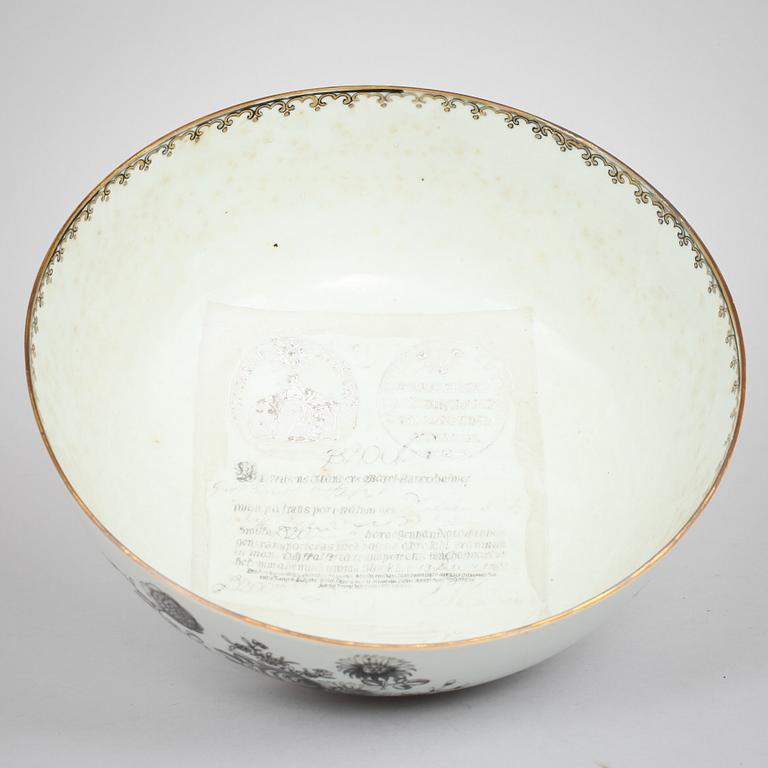 A grisaille punch bowl with a Swedish Bank note, Qing dynasty, Qianlong dated 1762.