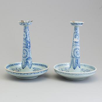 A large pair of Chinese blue and white porcelain incense holders/candle holders, Qing dynasty, 19th century.