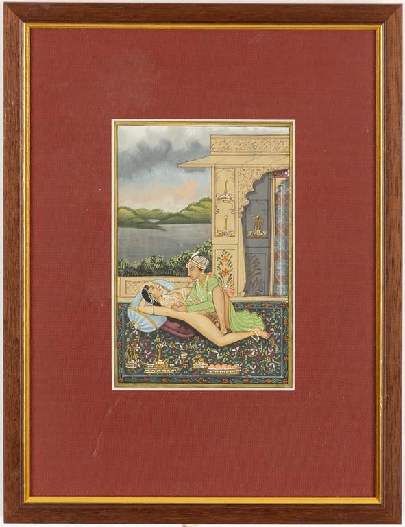 Unidentified artist, Erotic scenes in palace settings, India, 20th century. Four pieces.