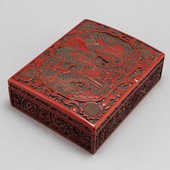 A large carved red lacquered box with cover, Qing dynasty, circa 1900.