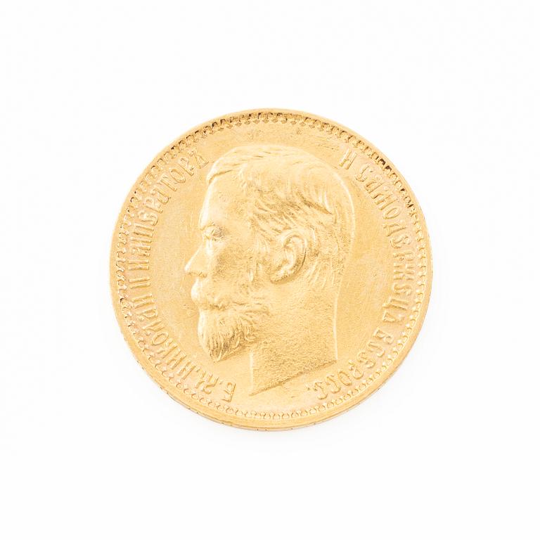 Gold coin, Nicholas II, Russia, 5 Rubles, 1899.
