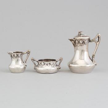 An Art Nouveau three piece silver 830/1000 coffee service, unknown maker.