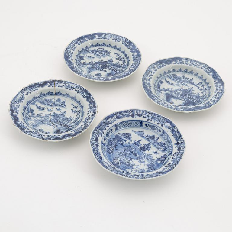 A group of nine Chinese blue and white plates and four dessert dishes, Qianlong and Jiaqing, 18th and 19th century.