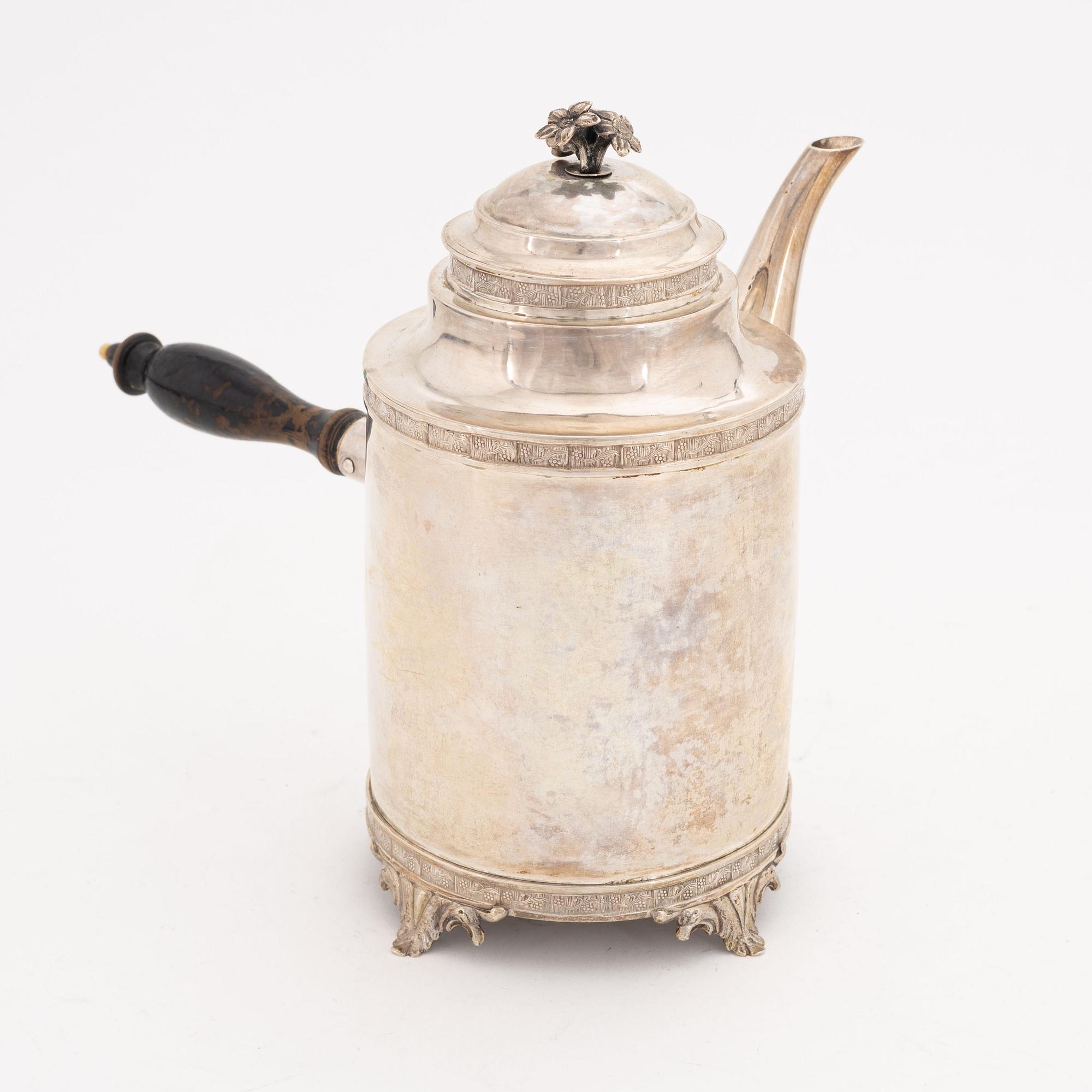 a Swedish Empire silver coffepot, mark of J. H. Leffler, Falun 1814.