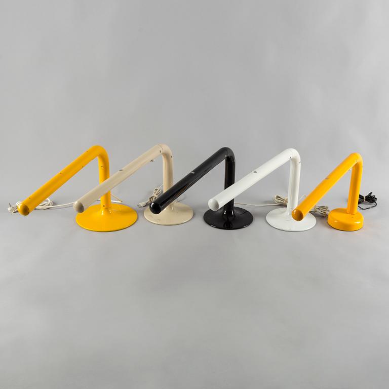 A set of five "Tube" lamps, designed by Anders Pehrson for Ateljé Lyktan in Åhus, launched 1973.