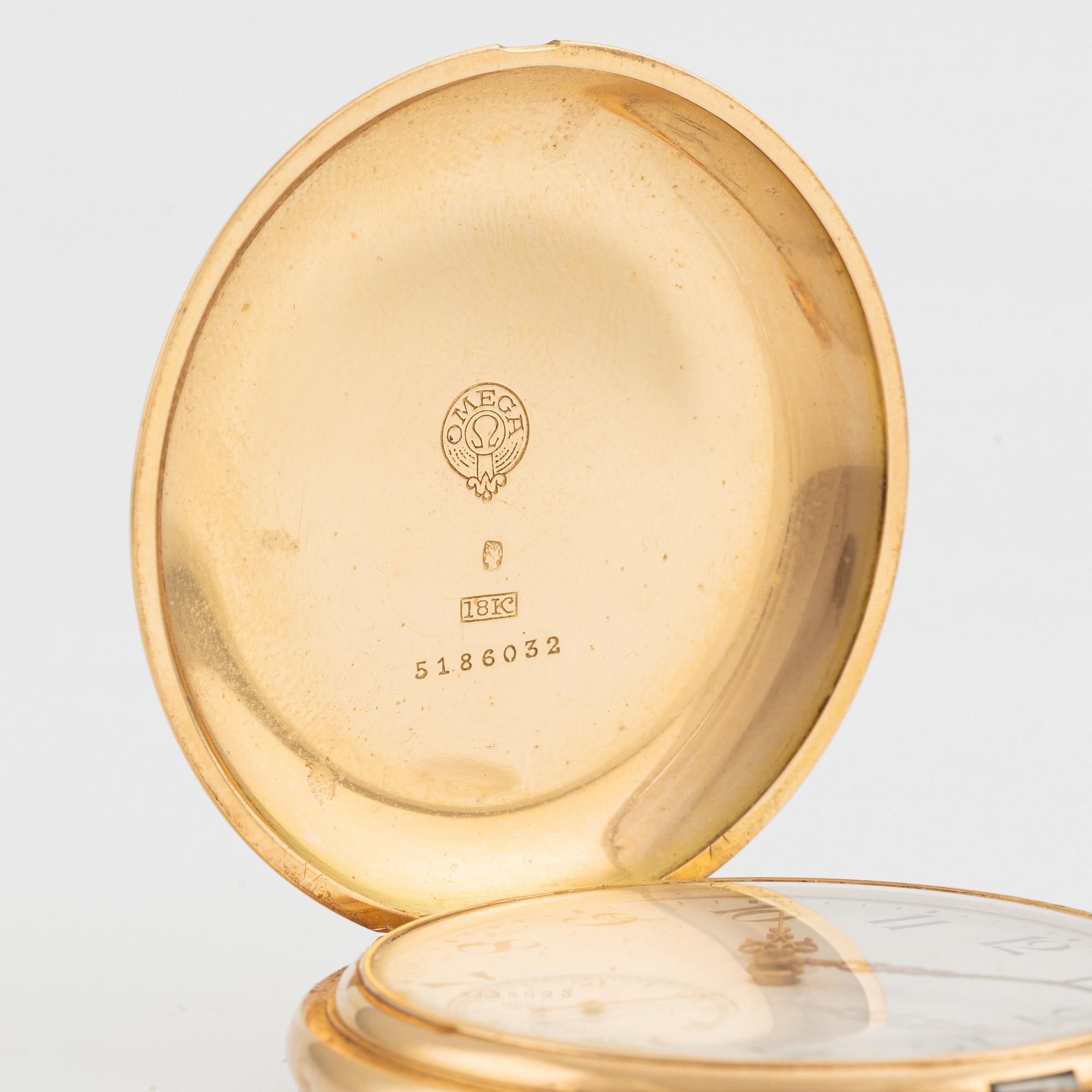 Omega, pocket watch, 18K gold, hunter case, 52.5 mm.