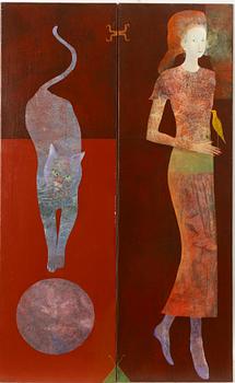Dorina Mocan, Cat, Woman and Canary (diptych).