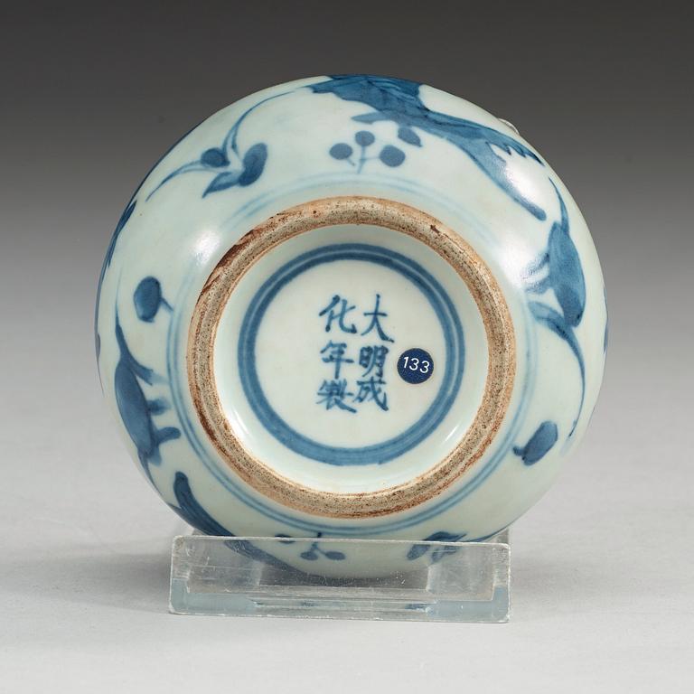 A blue and white brush washer, Qing dynasty, with Chenghua six character mark.