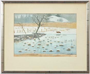 Harald Wiberg, Winter landscape with fox by frozen lake.