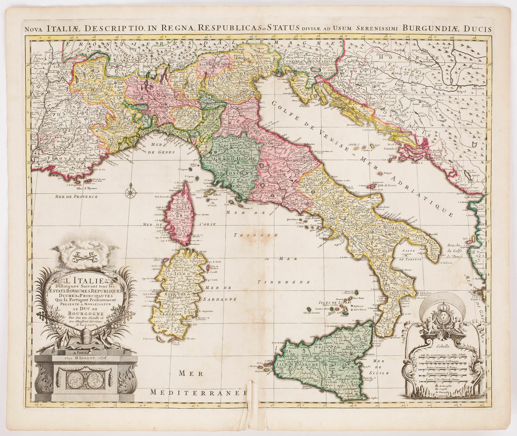 KARTA, handkolorerad etsning, "L’Italie...", Alexis Hubert Jaillot, bär datering 1696 i plåten.