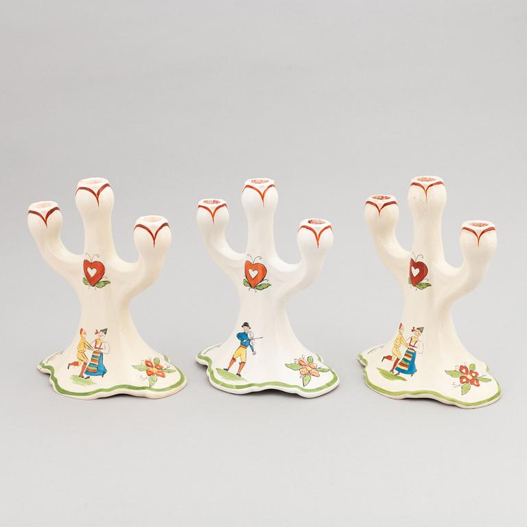 A set of three 'Daladansen' flintware candelabra from Rörstrand, Art Nouveau, early 20th Century.