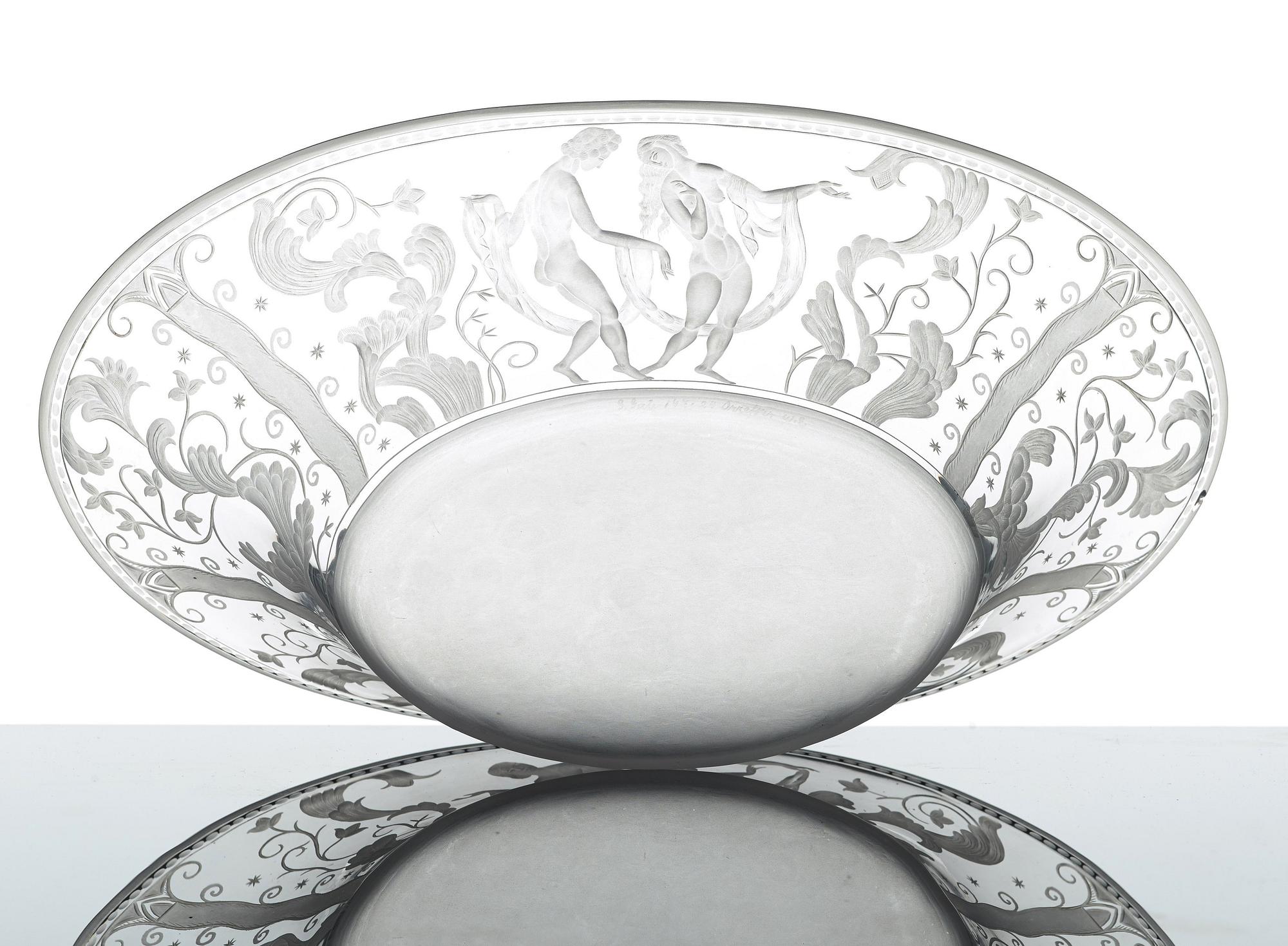 Simon Gate, an engraved glass bowl and stand, Orrefors, Sweden  1924, model 147.