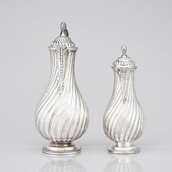 A Victorian silver coffee pot and a milk pot, Martin Hall & Co Ltd, London 1878 and Charles Stuart Harris, London 1877.