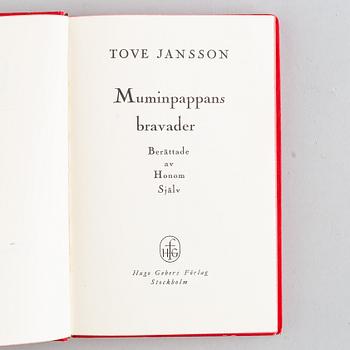 Tove Jansson, bok, "Muminpappans bravader", första upplagan, 1950, egenhändigt signerad.