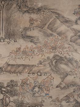 A Chinese painting, signed Wenhuan 文焕, dated 1888. 'Moving rocks from the water'.
