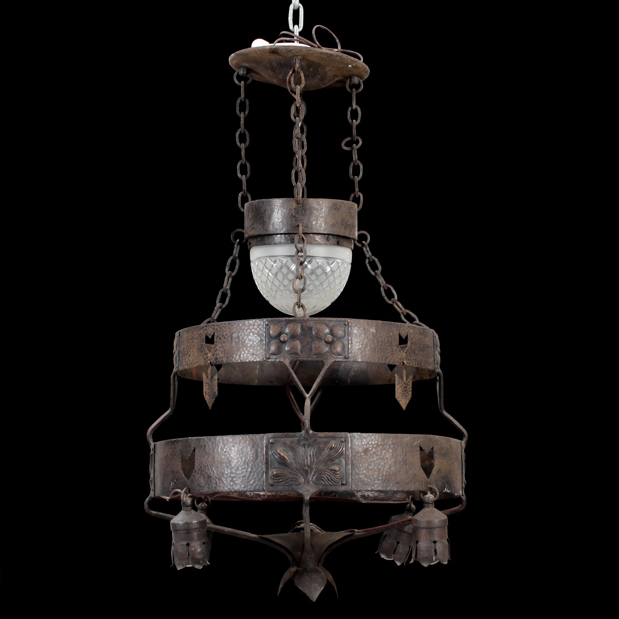 Carl Westman, A hammered iron ceiling lamp attributed to Carl Westman Arts and Crafts, Sweden ca 1902-1905.