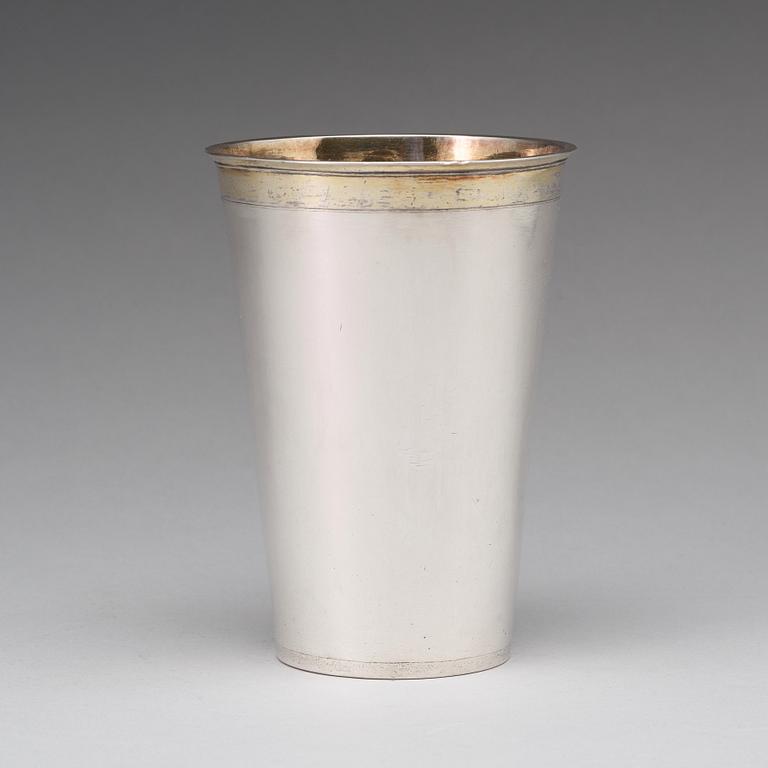 A Swedish 17th century parcel-gilt silver beaker, mark of Erik Bengtsson Starin, Stockholm 1695.