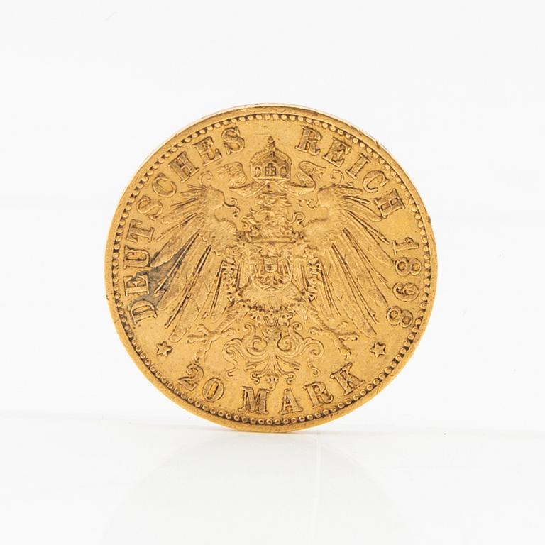 Gold coin 20 marks 1898 German Empire (Hesse) Grand Duke Ernst Ludwig.