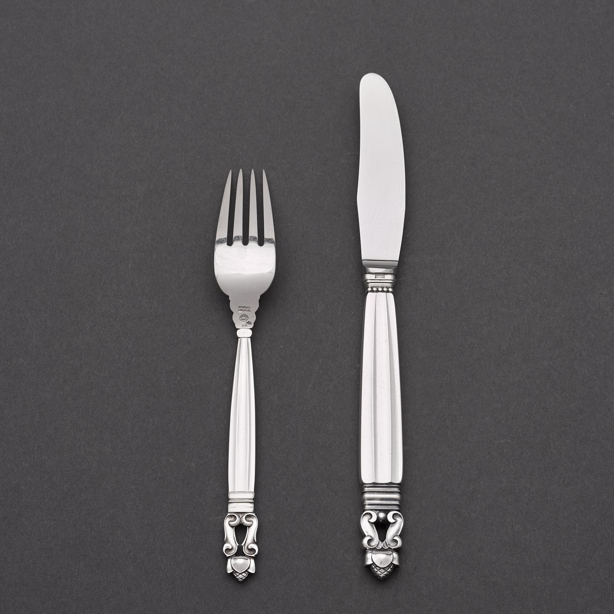 Johan Rohde, bestick, 24 delar, "Konge/Acorn", Georg Jensen Köpenhamn efter 1945, sterling och rostfritt stål.