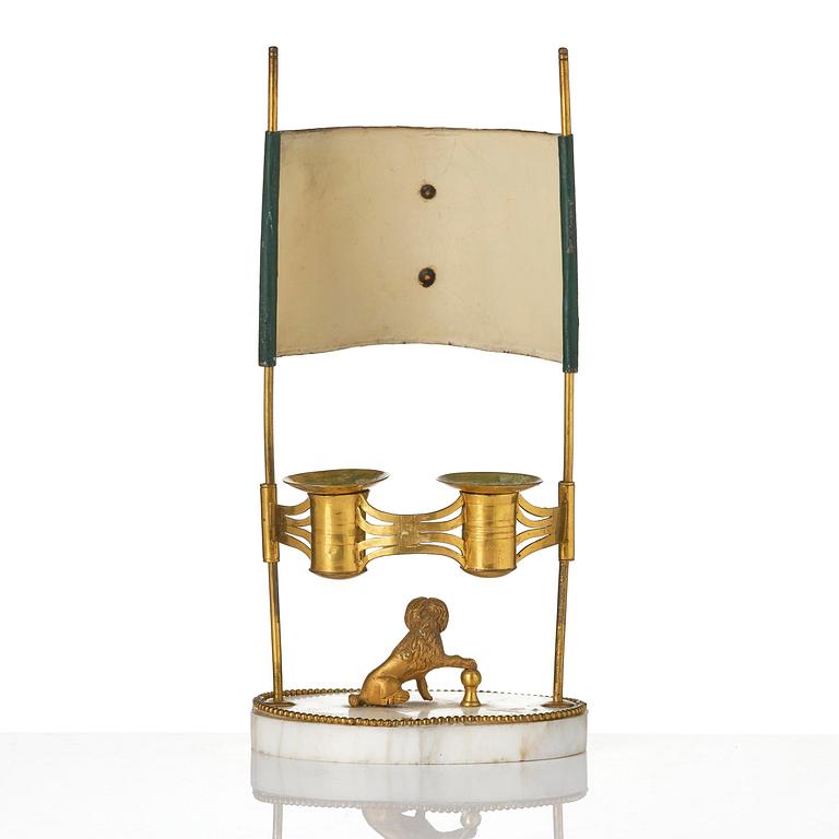 A late Gustavian gilt brass, marble and tole reading lamp, late 18th century.
