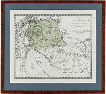KARTA, delvis handkolorerad etsning, över Härjedalen, utgiven 1797