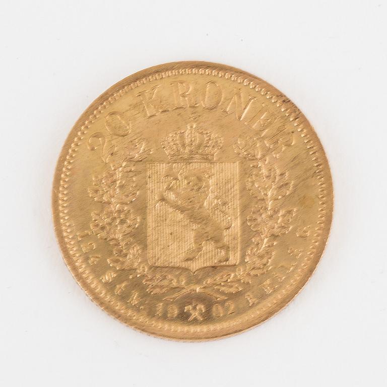 MYNT, guld, 20 kronor, Oscar II, 1902.