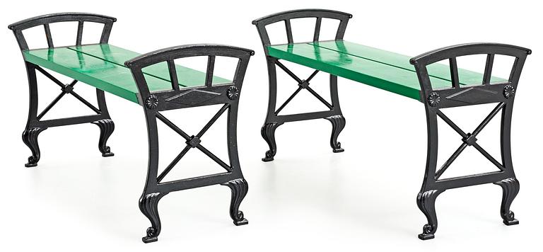 A pair of Folke Bensow cast iron park benches, Näfveqvarns Bruk.