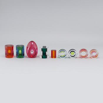 MONA MORALES-SCHILDT, nine glass objects for Kosta, partly signed.