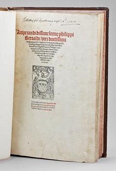 BOK, "Accipe Candidissime Lector Philippi Beroaldi..." av Lucius Apuleius, troligen Paris. 1512.