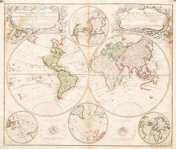 Homan Heirs, världskarta, handkolorerat kopparstick, Nürnberg 1746.