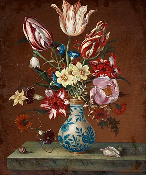 343. Balthasar van der Ast Hans art, Stilleben med tulpaner, narcisser och pion på stenskiva.