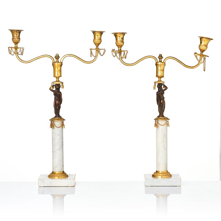 A pair of late Gustavian two-branch candelabra in the manner of F. L. Rung, Stockholm, circa 1800.