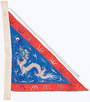 A Chinese embroidered triangular silk banner, late Qing dynasty/possibly early 20th century.