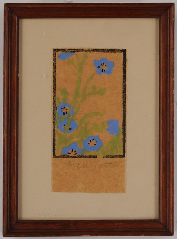 MAJA FJAESTAD, träsnitt respektive blandteknik på smörpapper, signerade.