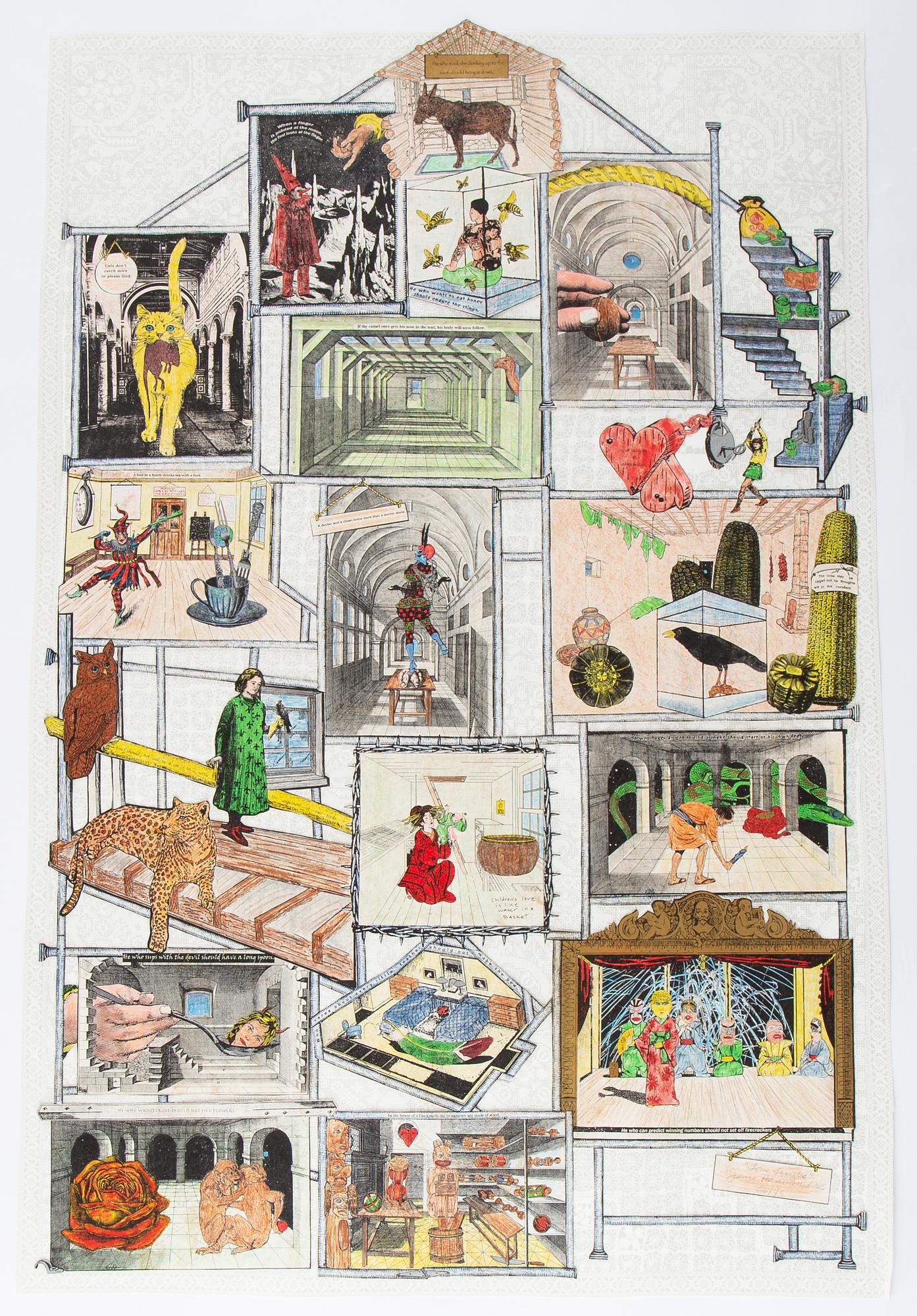 Jane Hammond, färglitografi med handkolorering och collage, signerad och numrerad 36/45, daterad -05.