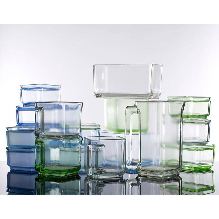 WILHELM WAGENFELD, förvaringskärl för kylskåp, "Kubus", 18 st, Vereinigte Lausitzer Glaswerke AG, Tyskland ca 1938.