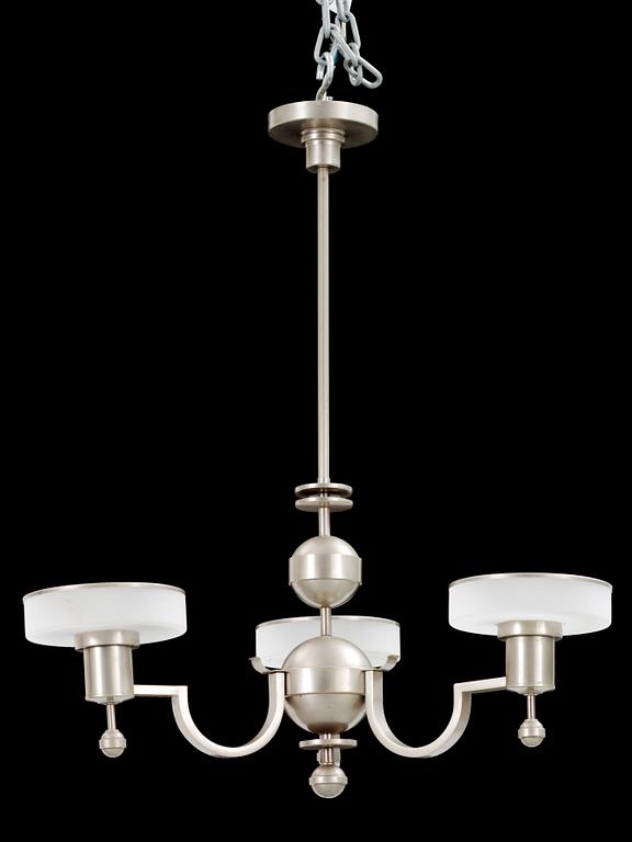 A white metal three light hanging lamp, unknown designer, 1930's.