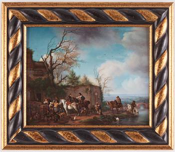 A porcelain placque by anonymous artist after Philip Wouverman, signed in lower left corner.