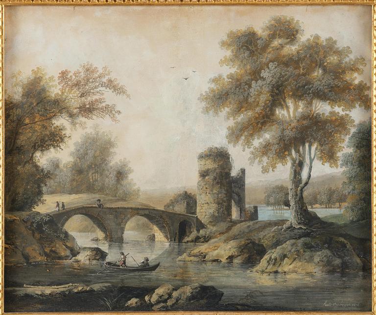 Louis Belanger, Translation: "French landscape with figures by a river".