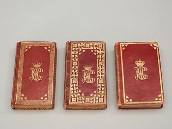 ROYAL BINDINGS, red morocco, 46 calenders 1783-1817, 43 with (duchess)  queen Hedvig Elisabeth Charlottas monogram.