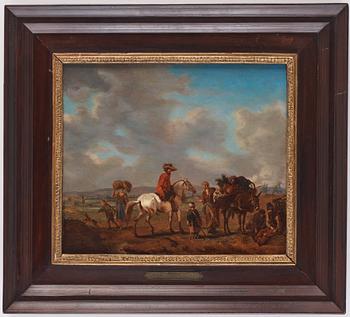 Philips Wouwerman Hans krets, Landskap med ryttare på vit häst, packåsna och figurer.